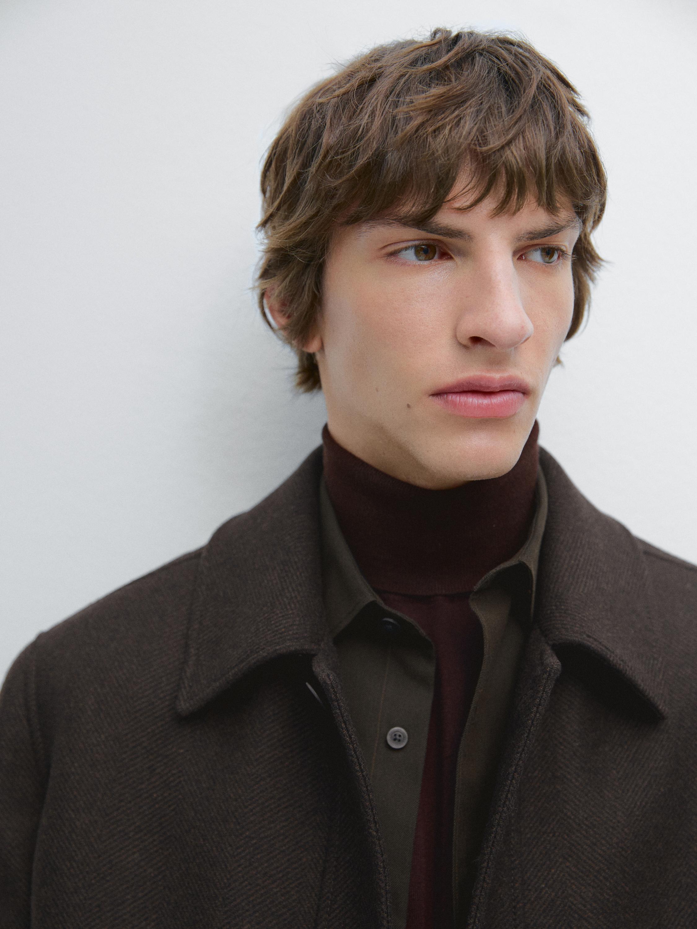 Mid-length herringbone wool blend coat